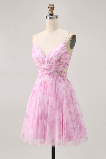 Floral Pink A Line Ruched Lace Up Back Short Homecoming Dress