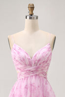 Load image into Gallery viewer, Floral Pink A Line Ruched Lace Up Back Short Homecoming Dress