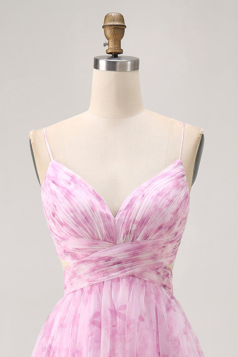 Load image into Gallery viewer, Floral Pink A Line Ruched Lace Up Back Short Homecoming Dress