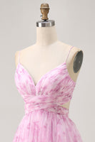 Load image into Gallery viewer, Floral Pink A Line Ruched Lace Up Back Short Homecoming Dress