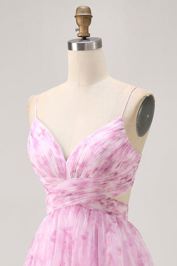 Floral Pink A Line Ruched Lace Up Back Short Homecoming Dress