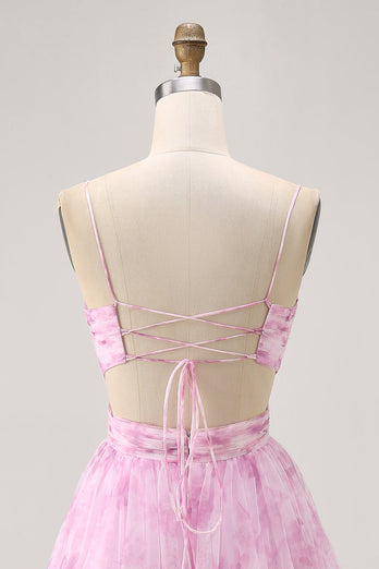 Floral Pink A Line Ruched Lace Up Back Short Homecoming Dress