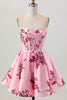 Load image into Gallery viewer, Queendancer Women Floral Pink Satin Short Corset Homecoming Dress Sweetheart Strapless A Line Lace Up Back Cocktail Dress