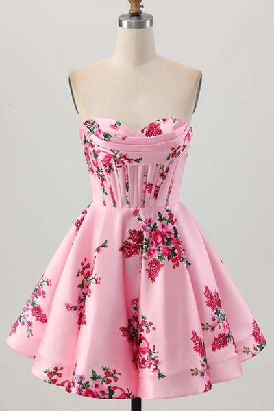 Floral Pink Satin A Line Sweetheart Short Corset Homecoming Dress