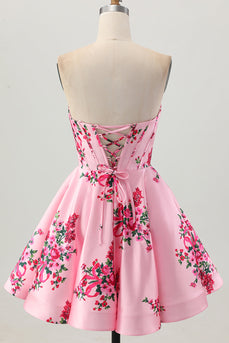 Floral Pink Satin A Line Sweetheart Short Corset Homecoming Dress