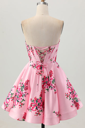 Floral Pink Satin A Line Sweetheart Short Corset Homecoming Dress