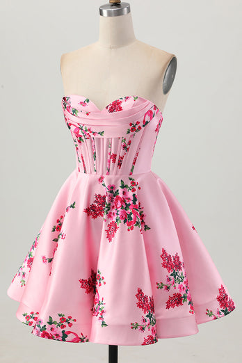 Floral Pink Satin A Line Sweetheart Short Corset Homecoming Dress
