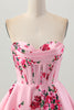 Load image into Gallery viewer, Floral Pink Satin A Line Sweetheart Short Corset Homecoming Dress