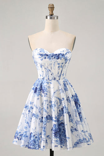 Floral White Blue A Line Short Corset Homecoming Dress