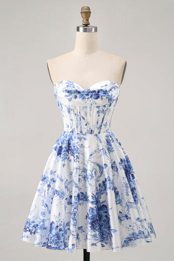 Floral White Blue A Line Short Corset Homecoming Dress