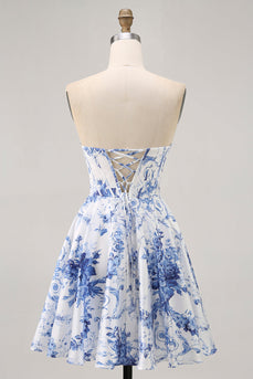 Floral White Blue A Line Short Corset Homecoming Dress