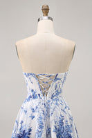 Load image into Gallery viewer, Floral White Blue A Line Short Corset Homecoming Dress