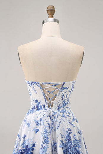 Floral White Blue A Line Short Corset Homecoming Dress