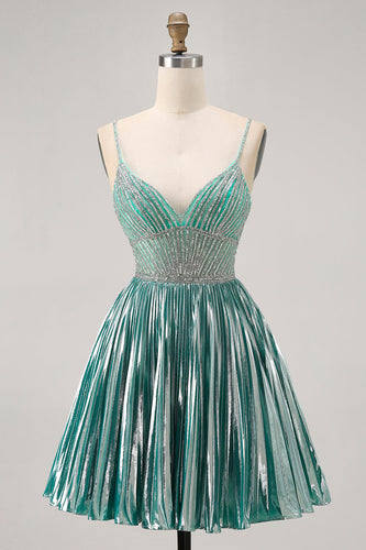 Sparkly Green A Line Metallic Short Homecoming Dress with Beading
