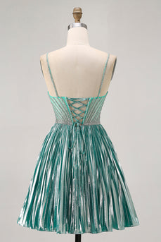Sparkly Green A Line Metallic Short Homecoming Dress with Beading