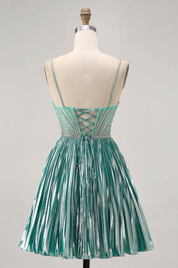 Sparkly Green A Line Metallic Short Homecoming Dress with Beading