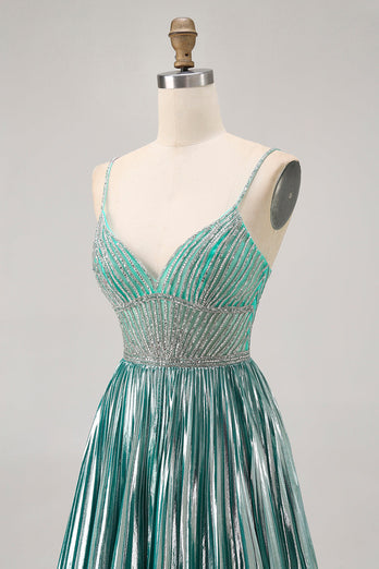 Sparkly Green A Line Metallic Short Homecoming Dress with Beading