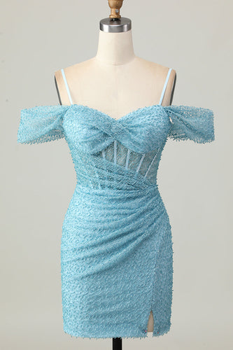 Sparkly Blue Tight Cold Shoulder Ruched Short Corset Homecoming Dress