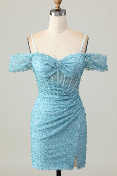 Sparkly Blue Tight Cold Shoulder Ruched Short Corset Homecoming Dress