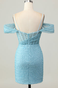 Sparkly Blue Tight Cold Shoulder Ruched Short Corset Homecoming Dress