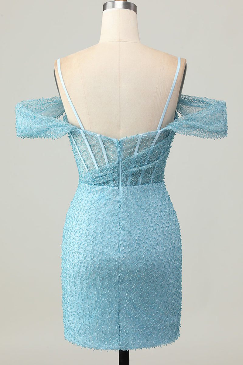 Load image into Gallery viewer, Sparkly Blue Tight Cold Shoulder Ruched Short Corset Homecoming Dress