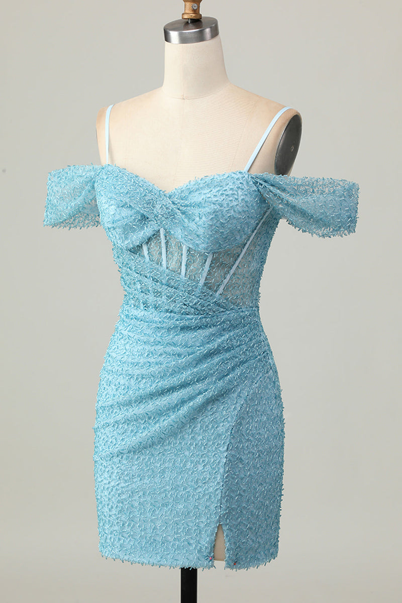 Load image into Gallery viewer, Sparkly Blue Tight Cold Shoulder Ruched Short Corset Homecoming Dress
