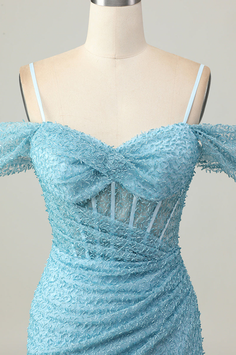Load image into Gallery viewer, Sparkly Blue Tight Cold Shoulder Ruched Short Corset Homecoming Dress