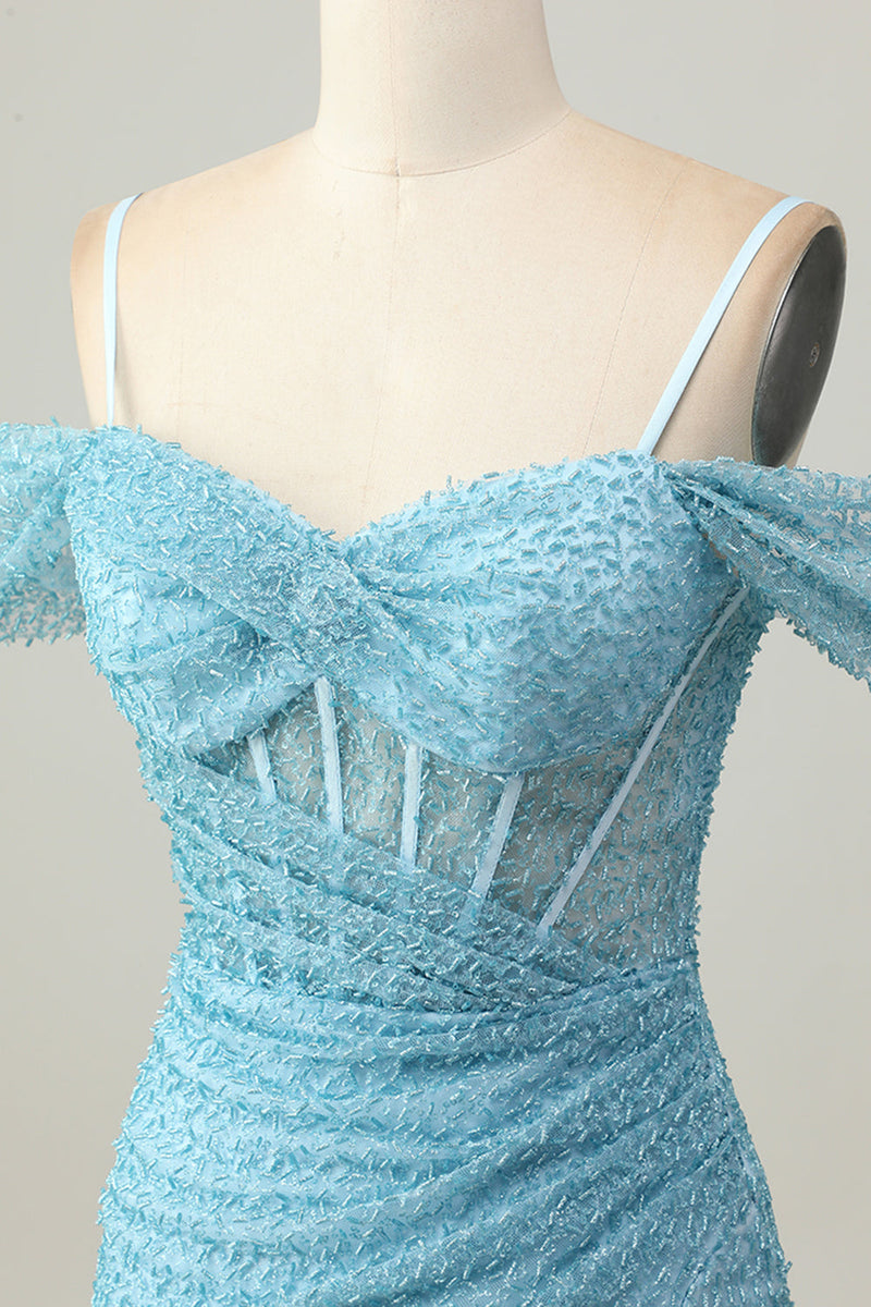 Load image into Gallery viewer, Sparkly Blue Tight Cold Shoulder Ruched Short Corset Homecoming Dress