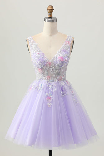 Floral Lilac V-Neck Tulle Short Corset Homecoming Dress with Beading