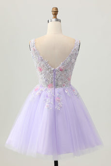 Floral Lilac V-Neck Tulle Short Corset Homecoming Dress with Beading