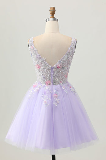 Floral Lilac V-Neck Tulle Short Corset Homecoming Dress with Beading