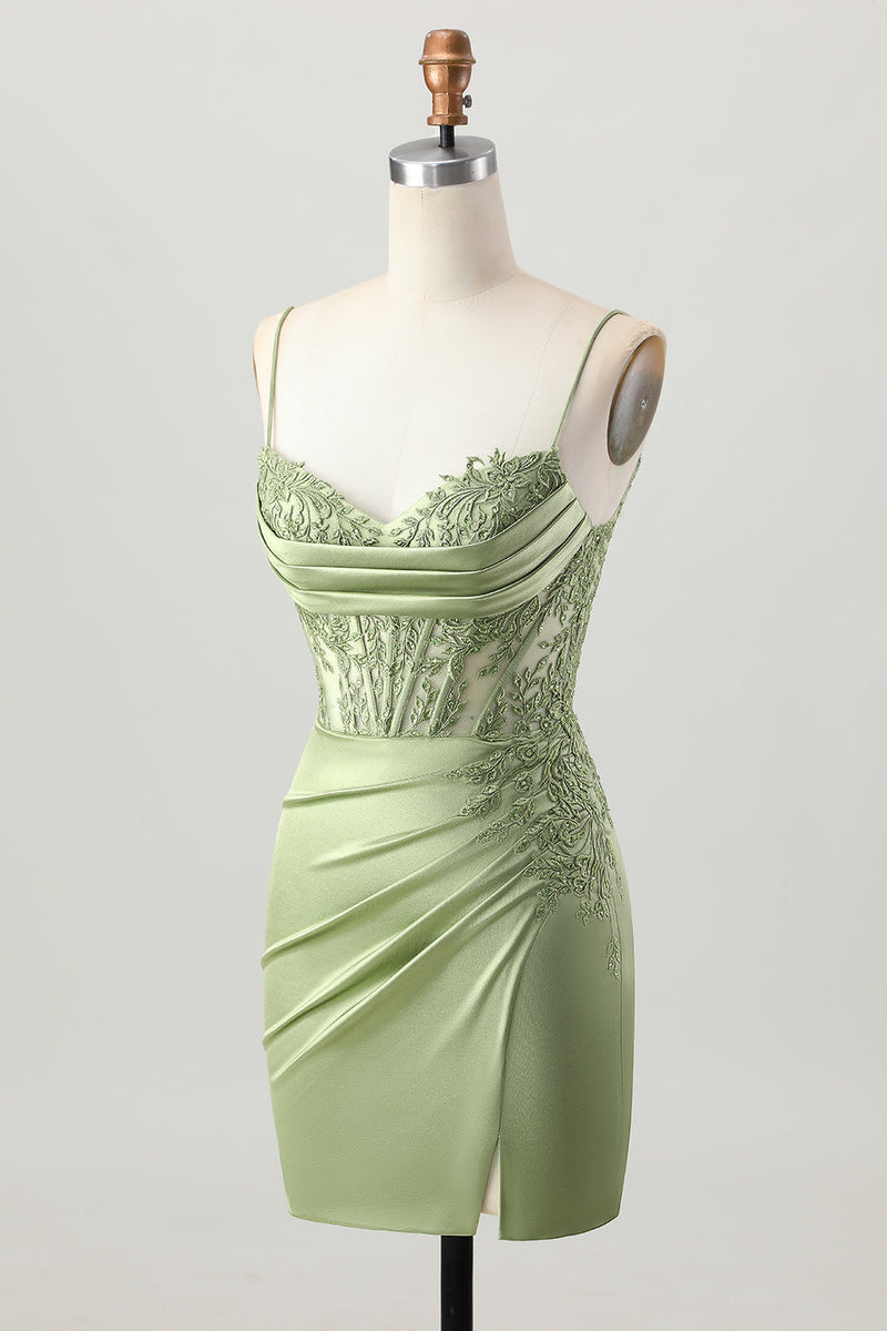 Load image into Gallery viewer, Sage Green Satin Tight Short Corset Homecoming Dress with Lace