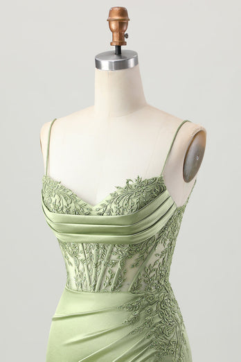 Sage Green Satin Tight Short Corset Homecoming Dress with Lace