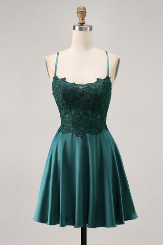 Sparkly Dark Green Satin Appliqued Short Corset Homecoming Dress