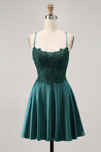 Sparkly Dark Green Satin Appliqued Short Corset Homecoming Dress