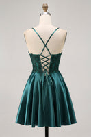 Load image into Gallery viewer, Sparkly Dark Green Satin Appliqued Short Corset Homecoming Dress