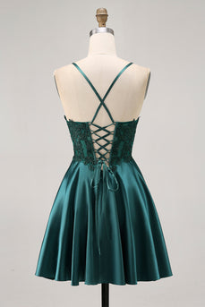 Sparkly Dark Green Satin Appliqued Short Corset Homecoming Dress