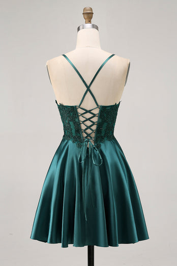 Sparkly Dark Green Satin Appliqued Short Corset Homecoming Dress
