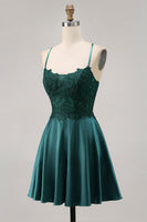 Load image into Gallery viewer, Sparkly Dark Green Satin Appliqued Short Corset Homecoming Dress