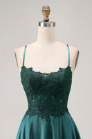 Load image into Gallery viewer, Sparkly Dark Green Satin Appliqued Short Corset Homecoming Dress