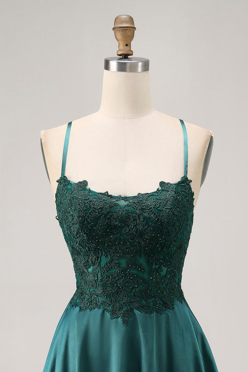 Load image into Gallery viewer, Sparkly Dark Green Satin Appliqued Short Corset Homecoming Dress