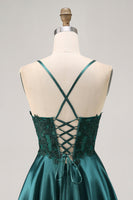 Load image into Gallery viewer, Sparkly Dark Green Satin Appliqued Short Corset Homecoming Dress