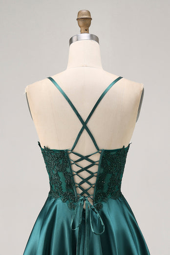 Sparkly Dark Green Satin Appliqued Short Corset Homecoming Dress