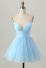 Load image into Gallery viewer, Sky Blue A Line Tulle Spaghetti Straps Short Homecoming Dress
