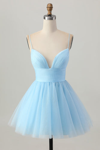 Sky Blue A Line Tulle Spaghetti Straps Short Homecoming Dress