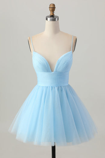 Sky Blue A Line Tulle Spaghetti Straps Short Homecoming Dress