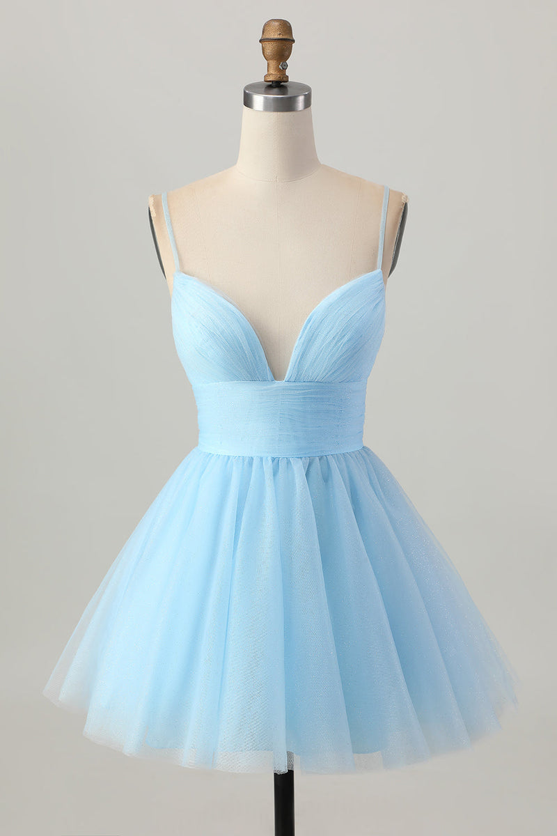 Load image into Gallery viewer, Sky Blue A Line Tulle Spaghetti Straps Short Homecoming Dress