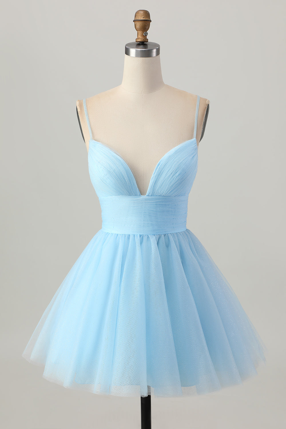 Sky Blue A Line Tulle Spaghetti Straps Short Homecoming Dress