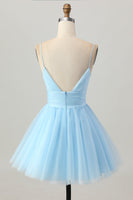 Load image into Gallery viewer, Sky Blue A Line Tulle Spaghetti Straps Short Homecoming Dress