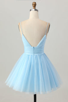 Sky Blue A Line Tulle Spaghetti Straps Short Homecoming Dress